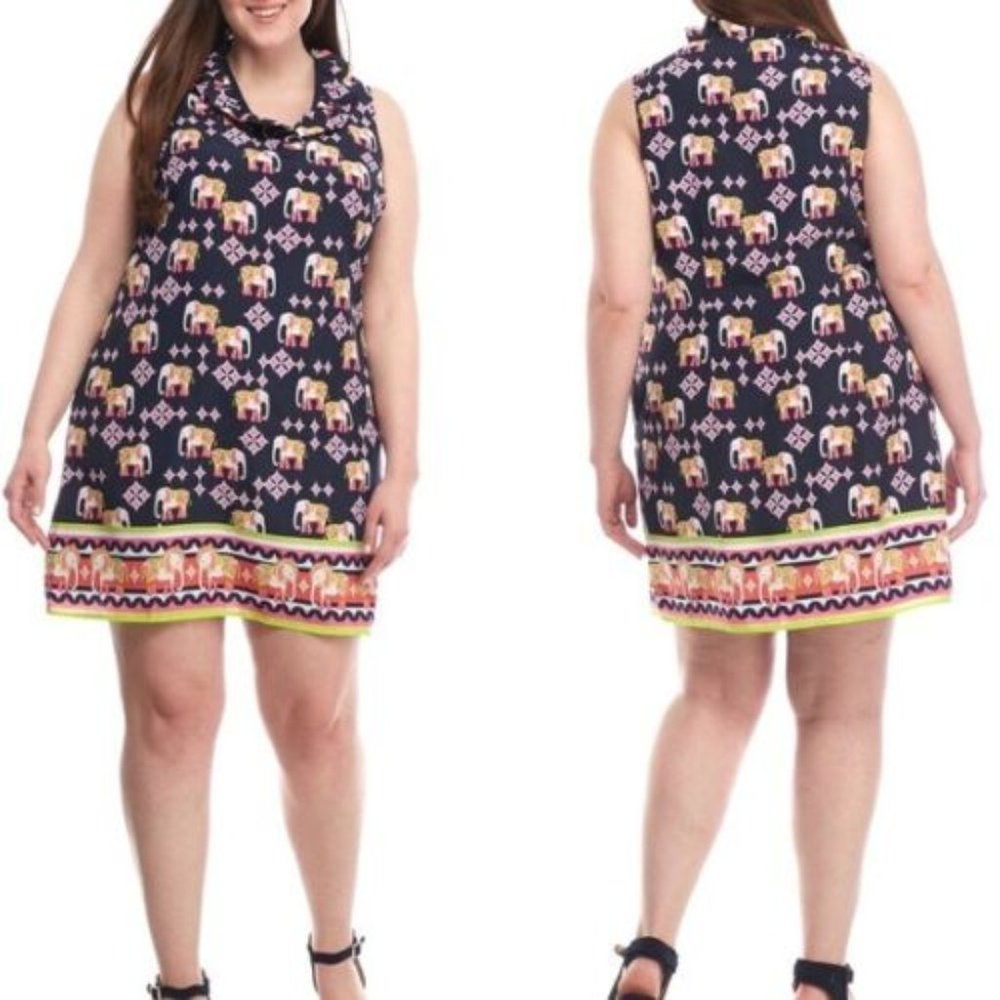 CROWN & IVY Curvy Blue Pink White Ruffle V-Neck Sleeveless Elephant Dress Sz 14W